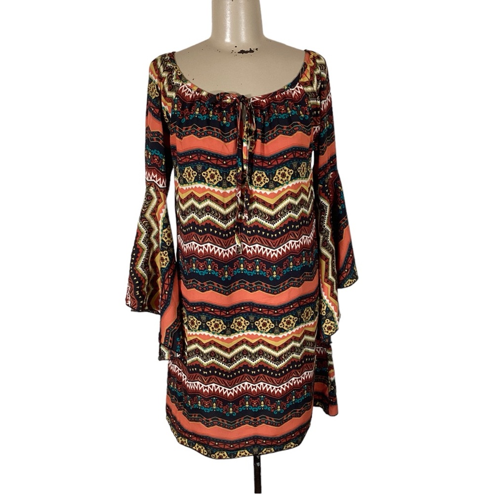 R. Bouge Boutique Flare Sleeve Peasant Tunic Dress Top Paisley Hippie BOHO Sz S